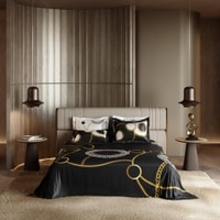 Stoa Paris Super King 5PC Satin Bedding Set  5PC Jet Black-White Gold