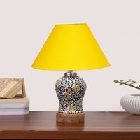 Devansh Conical Yellow Cotton Shade Lamp With Wood & Mosaic Glass Base For Decoration/Office/Home/Gifting/Study For Decoration/Office/Home/Gifting/Study -(10X10X14.5) Inches -A
