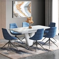 Caribu 4 To 6 Extendable Dining Table With Set Of 6 Doris Swivel Accent Chairs (Colour- Blue, Finish- White High Gloss)