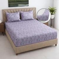 Lavender Floral cotton 400 Tc fitted Double Queen Size Bedsheet With 2 Pillow Covers