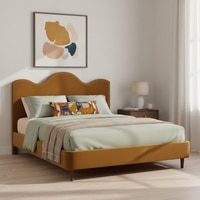 Solara Wave Luxe Queen Size Bed in velvet With Oak wood Frame & Hydraulic Storage