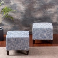 Slub Jacquard Wooden Seating Stool in Blue Color Set of 2