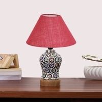 Devansh Conical Pink Jute Shade Lamp With Wood & Mosaic Glass Base For Decoration/Office/Home/Gifting/Study For Decoration/Office/Home/Gifting/Study -(10X10X14.5) Inches -A