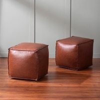 Cube Collection Tan Faux Leather Pouf Ottoman Set Of 2