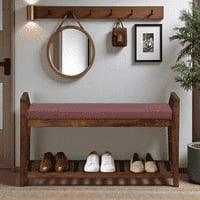 Roros Solid Wood Shoe Rack with Seating in Walnut Brown finish