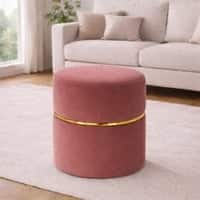 Doe Buck Gracy Velvet Round Ottoman in Pink Colour with Gold Band