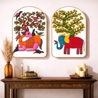 Gond Tree of Life Wall Art Painting Set of 2 with Gold Frame 16 x 24 Inch