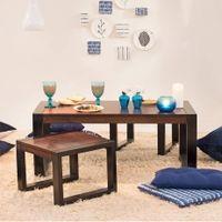 Altura Rectangular Solid Wood Coffee Table With Nested Stools In Two Tone Finish