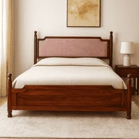 Camille Solid Wood Box Storage Queen Bed in Provincial Teak Finish with Pink Colour