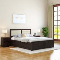 Ritz Solid Wood Queen Size Upholstered Bed With Hydraulic Storage (Mahagony Finish)