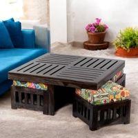 Palladio Sheesham Wood Coffee Table With 4 Stools Set In Mahogany Finish & Multi Colour Israel Print Kantha Fabric Cushions
