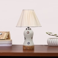 Devansh Off-White Vintage  Cotton Pleated Shade Lamp With Wood & Mosaic Glass Base For Decoration/Office/Home/Gifting/Study For Decoration/Office/Home/Gifting/Study