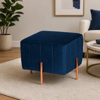 Doe Buck Regent Channel Tufted Velvet Ottoman Stool in Blue Colour with Rose Gold Legs