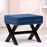 Rosslyn Solid Wood Pouf Stool in Navy Blue Velvet