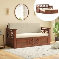 Bram 3 Seater Sofa Cum Bed in Honey Finish with Macadamia Brown Colour