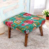 Queens Solid Wood Pouf Stool in Sea Green Fruit Print fabric