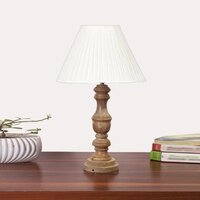 Devansh Off-White Cotton Vintage Straight Pleated   Lamp With Wood Base (12X19)