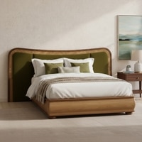 Elowen Softline Queen Size Bed in velvet With Oak wood Frame & Hydraulic Storage