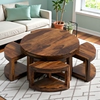 Queens Sheesham Wood Accent Coffee Table Set With 4 Stools
