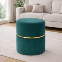 Doe Buck Gracy Velvet Round Ottoman in Teal Colour with Gold Band
