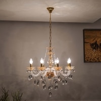 Vela 8 Arm Ceiling Chandelier In Brass  & Clear Finish With Glass Crystal Drops & Trim