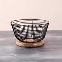 Cache Wire Basket With Wooden Base Black
