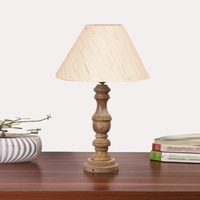Devansh Off White Cotton Table Lamp With  Wood Natural Base (10X18 Inches)-27
