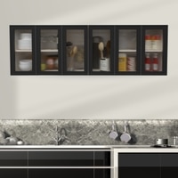 Aluminium Black Profile 6 Fluted Glass Handless Shutters Wall Cabinet In Highland Pine Finish