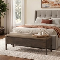 Zaha Solid Wood Upholstered Storage Bench In Danish walnut Finish with Truffle Beige Velvet Colour