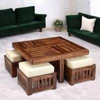 Palladio Sheesham Wood Accent Coffee Table Set With 4 Stools In Natural Teak Finish