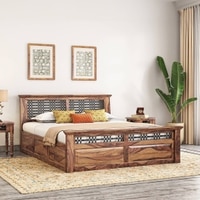 Bunai Solid Wood Queen Size Box Storage Bed In Teak Finish