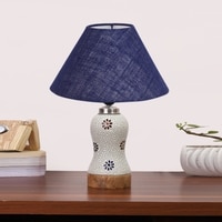 Devansh Conical Blue Jute Shade Lamp With Wood & Mosaic Glass Base For Decoration/Office/Home/Gifting/Study For Decoration/Office/Home/Gifting/Study -(10X10X14.5) Inches -A