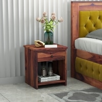 Woodcut Solid Wood Bedside Table in Teak Finish