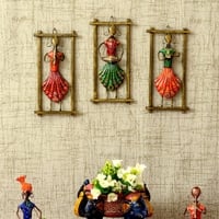 Desert Art Metal Handpainted Lady Musician Wall Hanging Set of 3 in Green Colour