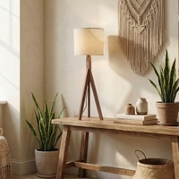 Triune Brown Wooden Table Lamp with White Printed Lampshade