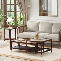Sera Rectangular Marble and Square Marble Nested Coffee Table with Square Marble Side Table in Walnut Finish
