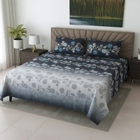 Grey Floral 400 TC Cotton Flat Super King Size Bedsheet With 2 Pilllow Covers From Threads