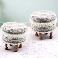 Louisville Acacia Wood Mid Century Round Set of 2 Pouf Stools in Grey Fabric