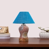 Devansh Conical Turquoise Jute Shade Lamp With Wood & Mosaic Glass Base For Decoration/Office/Home/Gifting/Study For Decoration/Office/Home/Gifting/Study -(10X10X14.5) Inches -A