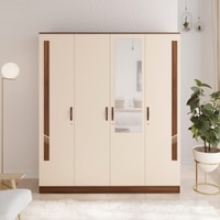 BLUEWUD Andrie Engineered Wood 4 Door Wardrobe/Clothes Storage Rack Organizer Almirah Cupboard with Hanger Rod Drawers and Shelves for Bedroom Home Furniture (with Mirror, Brown Maple & Beige)