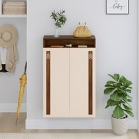 BLUEWUD Whartin Engineered Wood Dual Tone 2 Doors Wall Mounted Shoe Rack Cabinet Slipper Footwear Stand Organizer can Store Up to 16 Pairs for Home (Brown Maple & Beige)