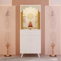 BLUEWUD Sharnam Mandir, Big Size Temple for Home with Storage Cabinet, Pooja Stand, Mandir with Doors, Drawer & Golden Curtain, Floor Standing Puja Room Altar for Living Room (DIY - White)