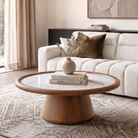 Lazo Solid Wood And Banswara Marble Circular Coffee Table In Amber Walnut Finish
