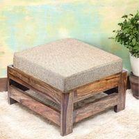 Amber Sheesham Wood Foot Stool in Teak Finish with Jute Beige Cushion