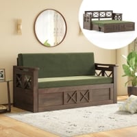 Bram 3 Seater Sofa Cum Bed in Danish Walnut Finish with Moss Green Colour