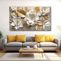 The Castle Decor 3D Gold White Flowers Wall Art Set of 5 27x48 Inch