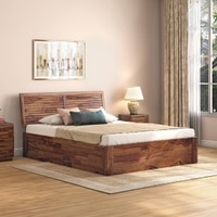 Terence Solid Wood Queen Size Box Storage Bed In Teak Finish