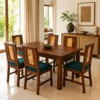 Globally Indian Fleur Solid Sheesham Wood 6 Seater Dining Table Set 6 Chairs Teal Blue