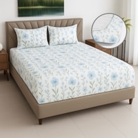 White Floral 400 TC Cotton Fitted Super King Size Bedsheet With 2 Pilllow Covers  Threads