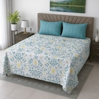 Iris White Floral 400 TC Cotton Flat King Size Bedsheet with 2 Pillow Covers – Threads